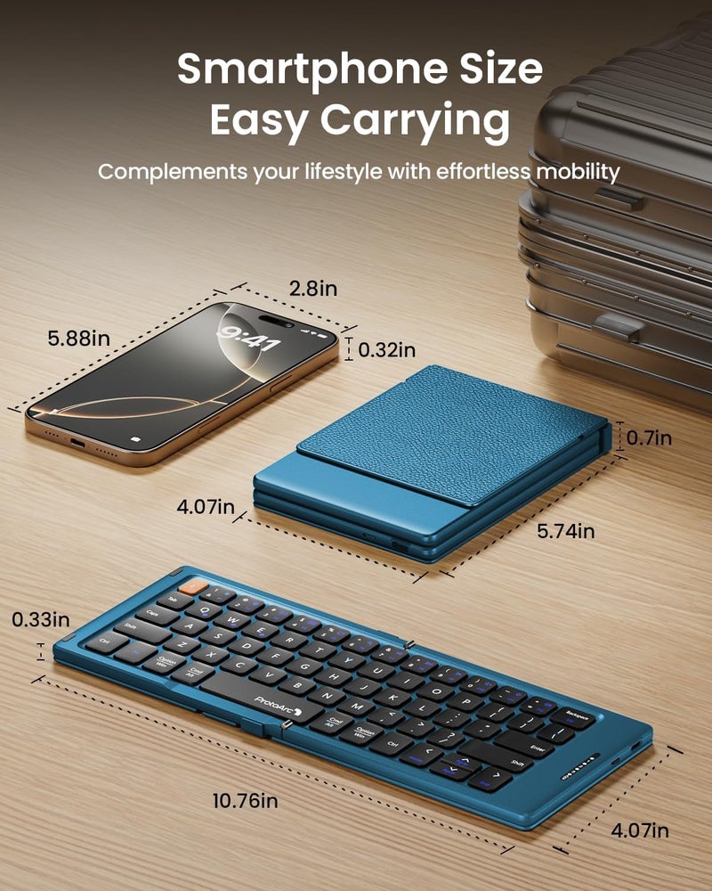 ProtoArc Foldable Compact Keyboard, XK04 Portable Bluetooth Keyboard with PU Leather Cover, Pocket-Sized Wireless Travel Keyboards for iPad, iPhone, Smartphone, Tablet and Laptop - Blue - Image 2